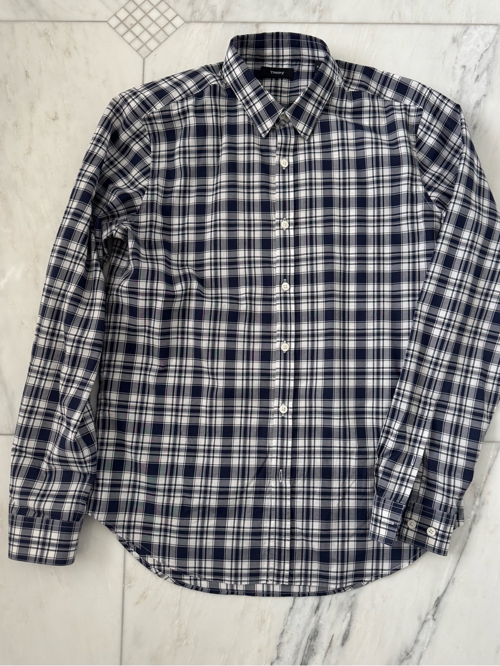 Theory Navy and White Plaid Cotton Button-Down Shirt